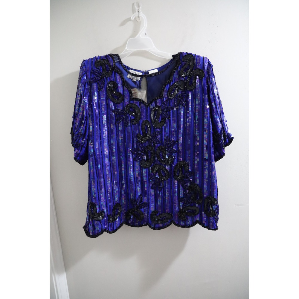 Stenay‎ Vintage Blue Silk Beaded Sequin Evening Top NWT Short Sleeve Scalloped L